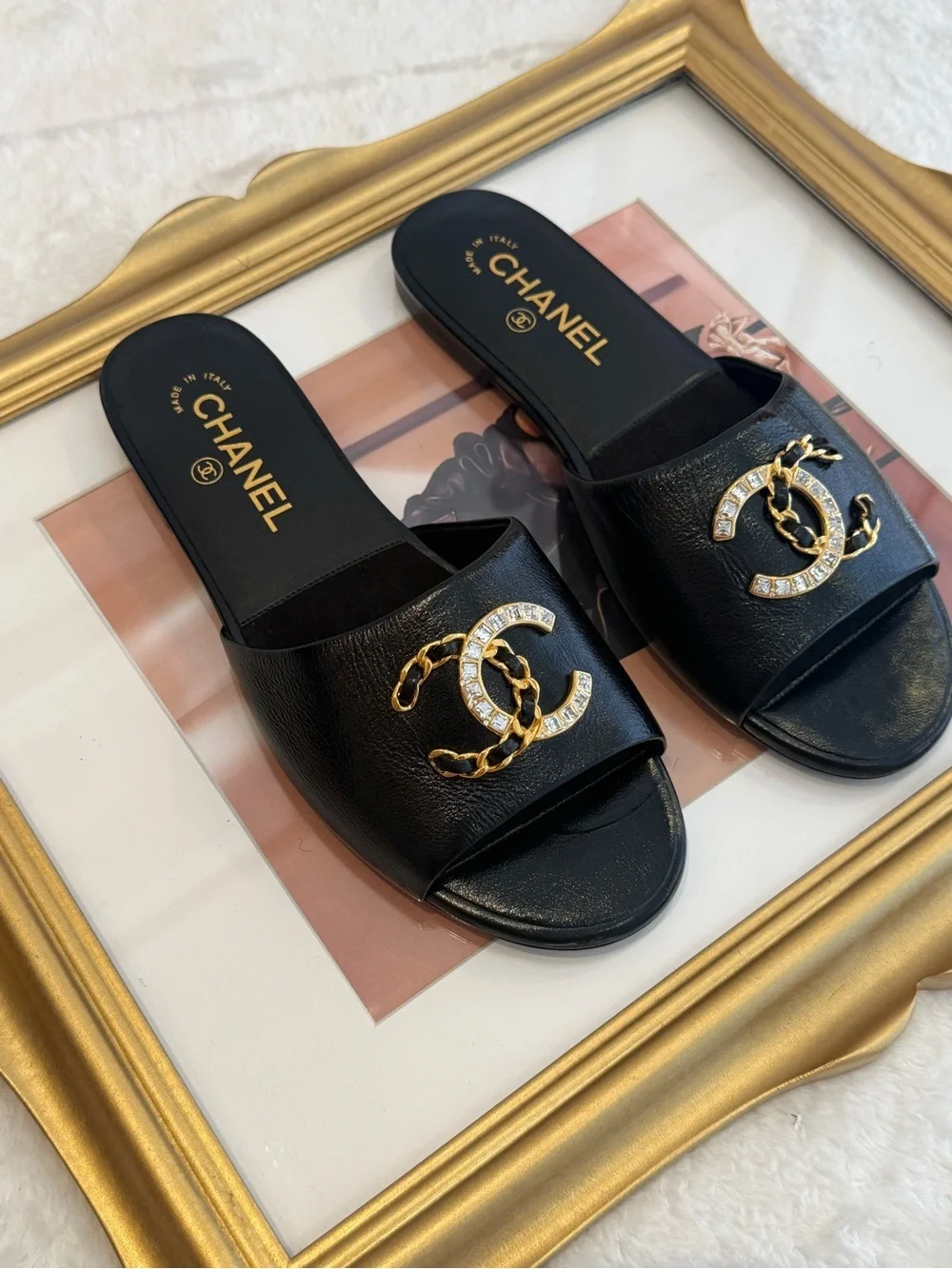 CHANEL Black Leather Crystal CC Chain Slide sandals size 38